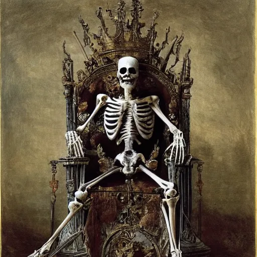 Image similar to a skeleton king, sitting on a throne, elegant, painted by Gustave Moreau