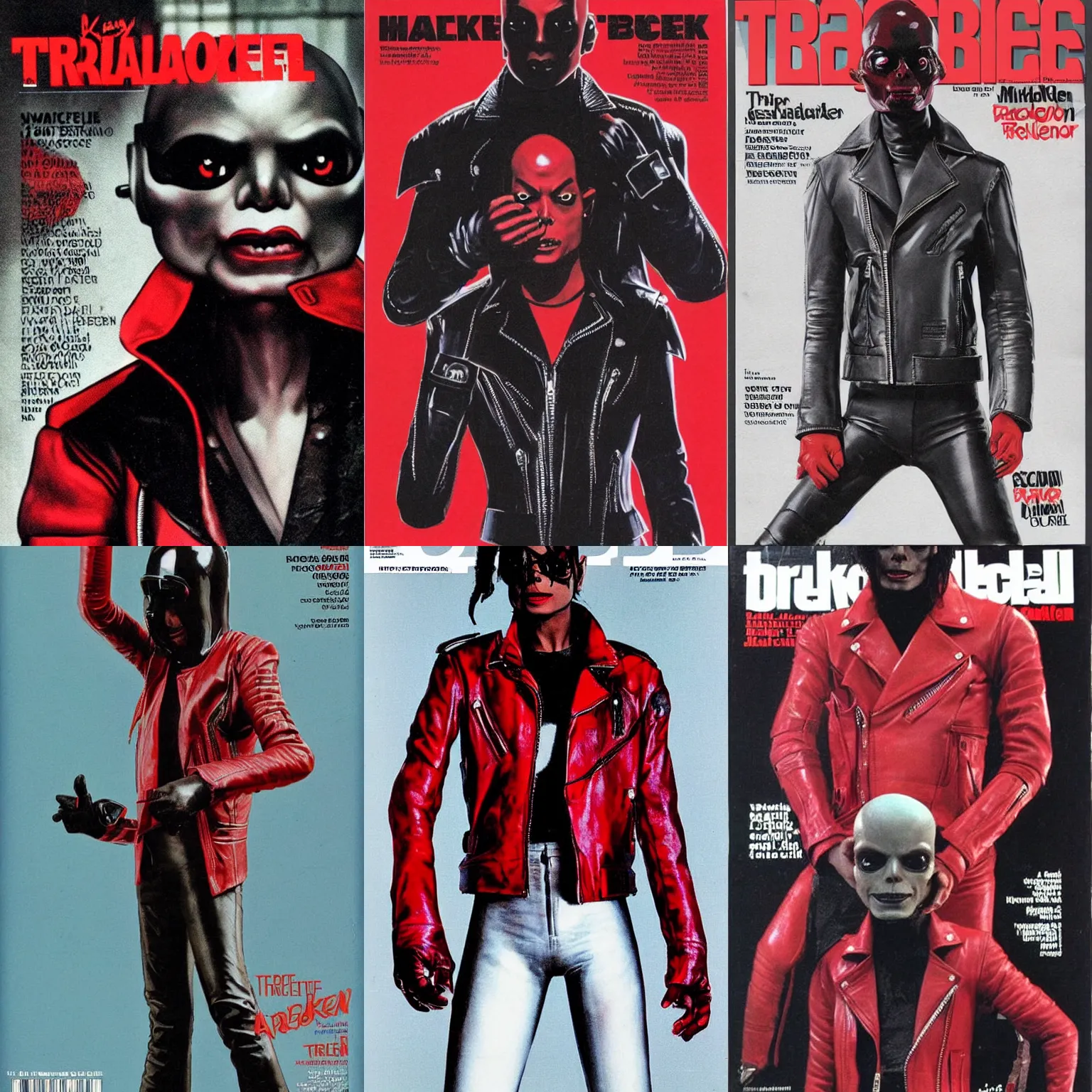 Prompt: bald michael jackson, with grey skin, huge bulbous pitch black eyes, sectoid, alien head, wearing the red leather motorcycle jacket from thriller, cyberpunk illustration. fashion magazine cover.