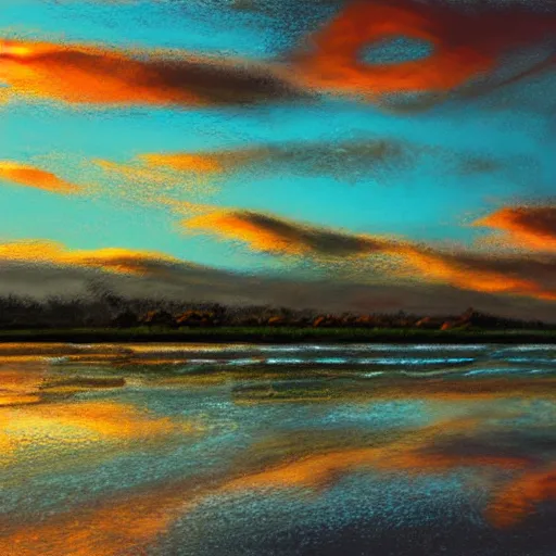 Prompt: Nature, photorealistic, image, 4k, landscape,sunset,water, detailed, stylized, loose, brush, strokes, pastel