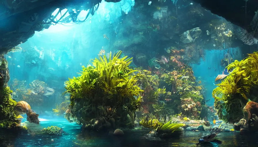 Image similar to interview of an underwater jungle built under blue domes, yellow lights, hyperdetailed, artstation, cgsociety, 8 k