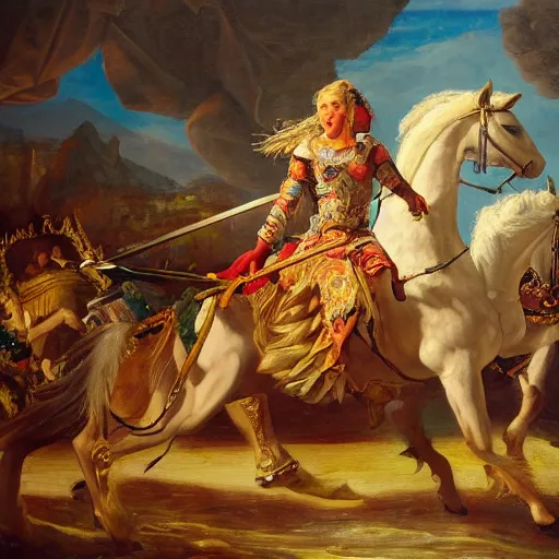 Image similar to beyonce riding a horse with a sword chasing a tribe of eric claptons, baroque style painting, well lit, highly detailed