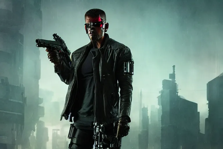 Image similar to cyberpunk mercenary inspired by the terminator and star wars, hdr, cinematic movie still from blade runner 2049