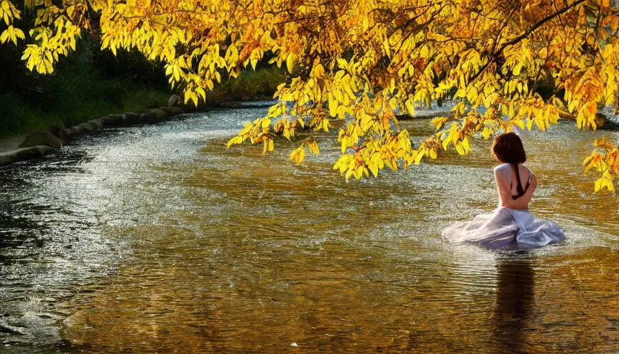 Prompt: a beautiful woman turning into a peaceful river, it's autumn and a gentle breeze is moving leaves around