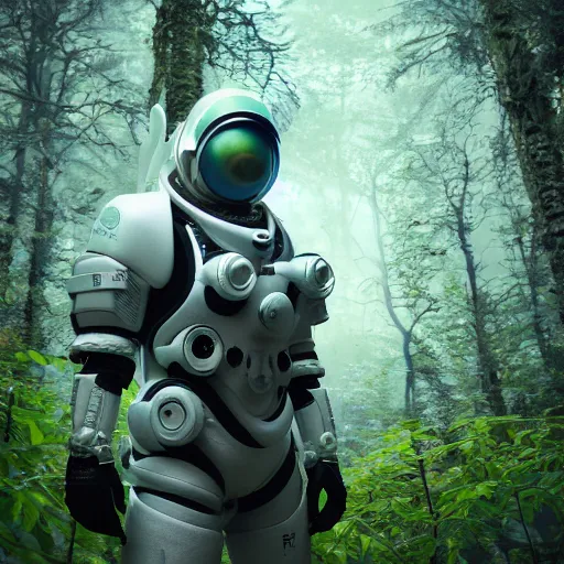 Prompt: portrait photography of a white diesel punk futuristic space suit armor, in an alien forest planet, ultra detail, high detail, 8 k, octane render, in the style of jim burns and gregrutkowski