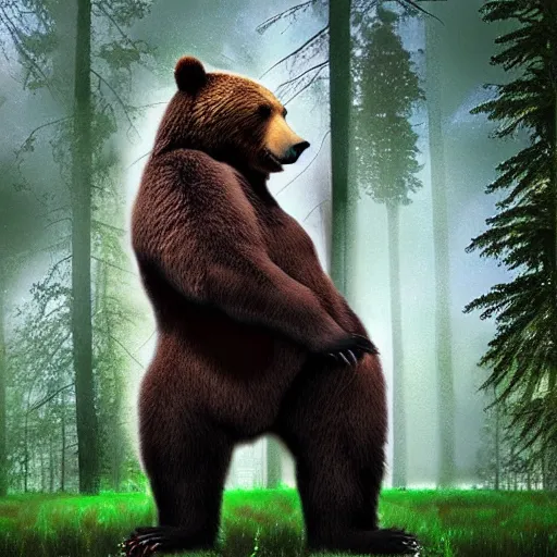 Image similar to scary bear standing on 2 legs, huge bear, taller than the trees, forest, colossal bear, digital art