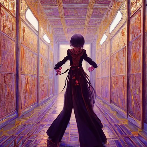 Image similar to beautiful girl in intricate clothing walking through a hallway of mirrors, reflections, very high intricate details, painting, digital anime art, medium shot, mid - shot, wlop, ilya kuvshinov, artgerm, krenz cushart, greg rutkowski, sana takeda