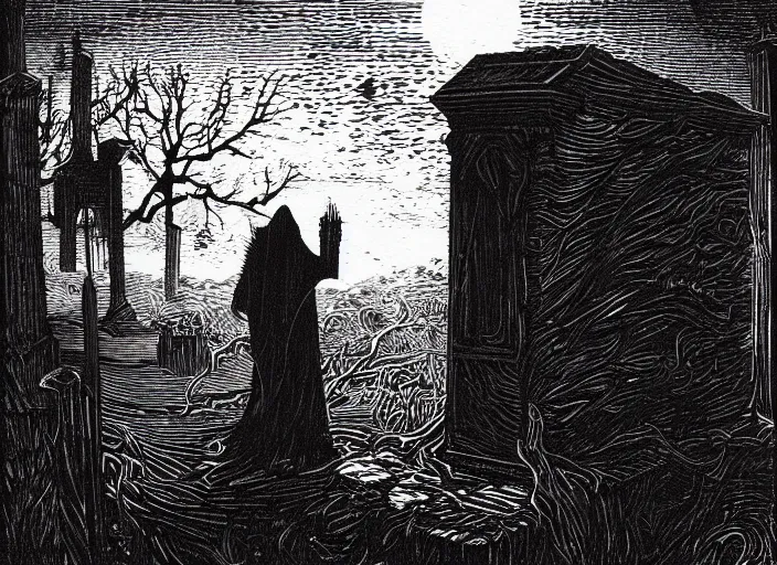 Image similar to woodcut print, ghost in graveyard at midnight by greg rutkowski