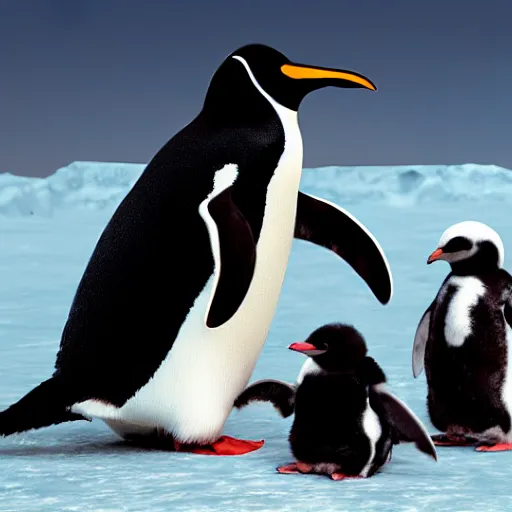 Prompt: a demonic penguin feeding her babies, demon penguin, hell, antarctic, photo realistic, hyper realistic