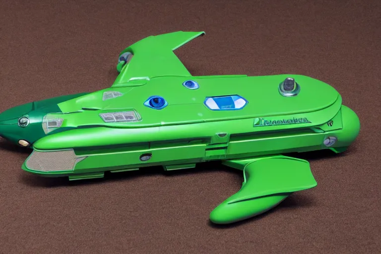 Prompt: Thunderbird 2 green spacecraft, side view, in the style of Supermarionation