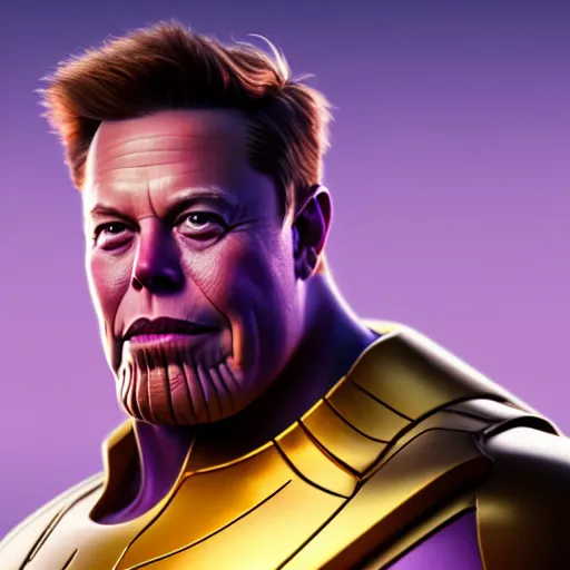 Image similar to a portrait of elon musk as thanos, the pixar adaptation, with same hairstyle, hyper detailed, digital art, trending in artstation, cinematic lighting, studio quality, smooth render, unreal engine 5 rendered, octane rendered