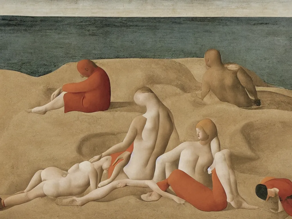 Image similar to Woman and man sitting with their soles touching in opposite directions on the sand. Landscape sculpted by Henri Moore. Painting by Piero della Francesca, Morandi, Balthus