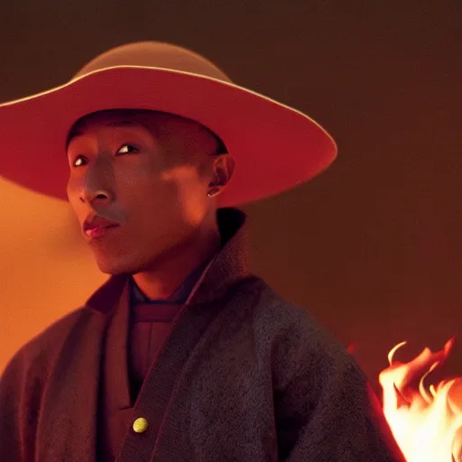 Image similar to cinematic film still Pharrell Williams starring as a Samurai holding fire, Japanese CGI, VFX, 2003, 40mm lens, shallow depth of field,film photography