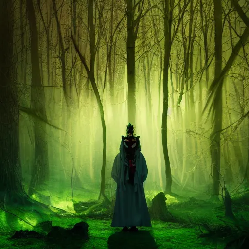 Prompt: tapping in to something greater, piles of modular synth cables, wearing a big headpiece in a mystical glowing forest in the style of wlop, stanley kubrick, masamune, unique perspective, vibrant colors and hard shadows and strong rim light, perfect details, trending on artstation, 3 d render, smooth render, green and blue palette, wlop