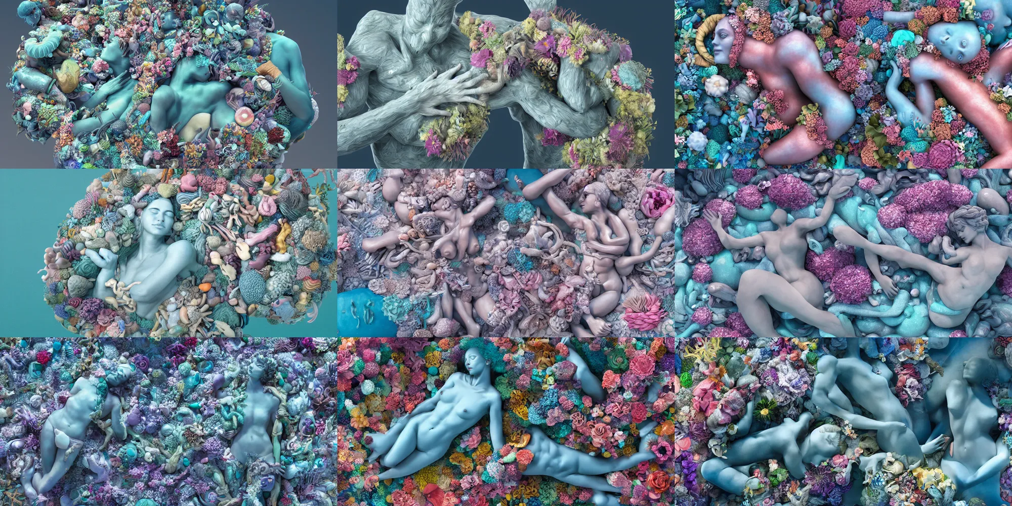 Prompt: a sculpture of ocean body intertwined, a lovely cornucopia of flowers and human body parts, body parts, highly detailed, octane render, cinematic ， - h 7 6 8