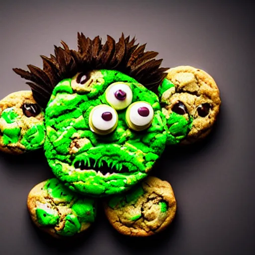 Prompt: cookie monsta made of weed buds eating a cookie photography portrait trichome monster stylised jonathan zawada soft lighting