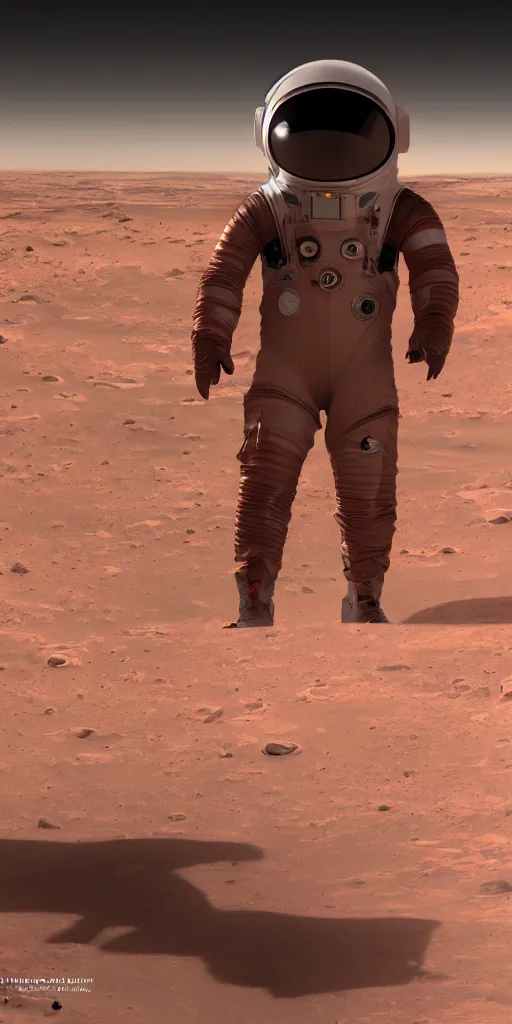 Image similar to concept art, american landing on mars, musk's mars migration program, new lightweight spacesuit, cyberpunk, backlight, epic, high detail, 8 k, octane rendering, unreal engine.