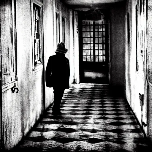 Prompt: Invisible man in coat and hat and shoes walking in an old house with a small corridor, digital artstyle drawn, trending on fiverr, 40nm lens, shallow depth of field,