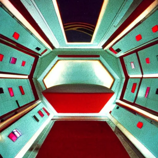 Prompt: A Wes Anderson style interior of a space ship from 2001: A Space Odyssey