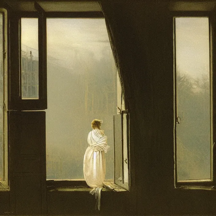 Prompt: painting of a broken window with a beautiful white woman on the outside by caspar david friedrich, at night