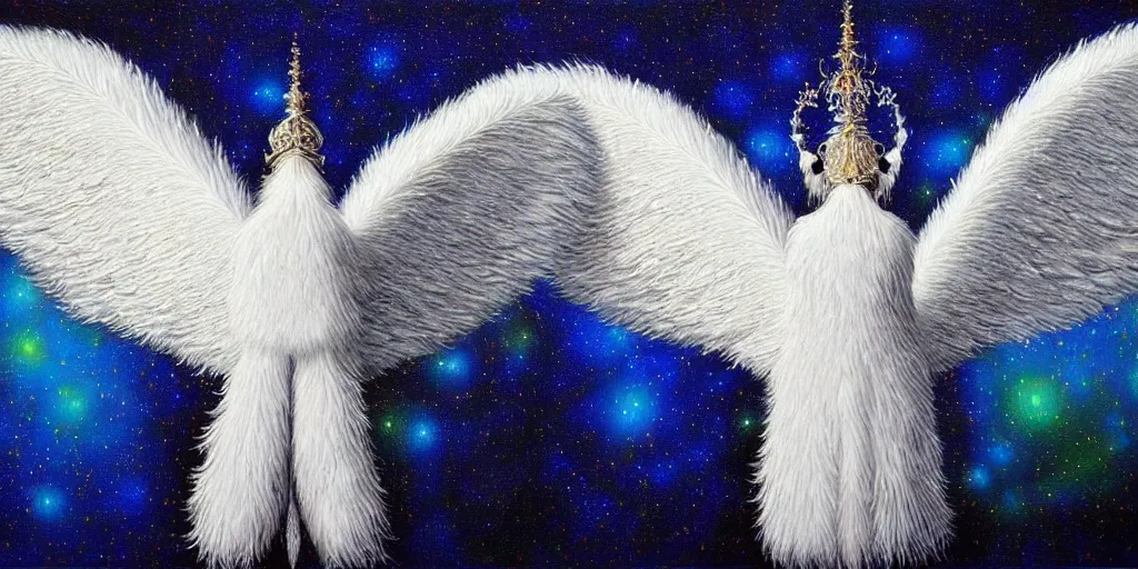 Image similar to highdetailed hyperrealistic painting of white wingsl!!!, white sparkles, 4 k hd fur, big wings, by jan van eyck, pattern, holography space, glow effect, large strokes, white monochrome color!!!!!