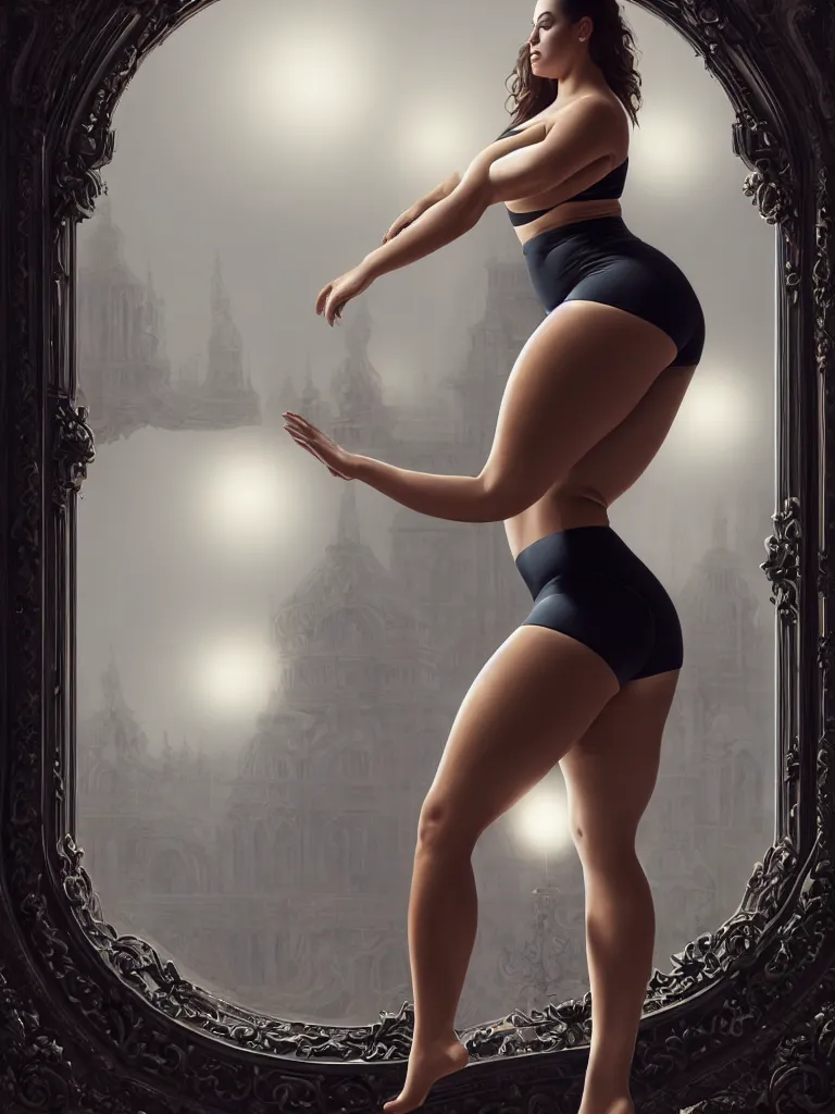 Prompt: beautiful ashley graham in lycra yoga shorts, chrome futuristic detail misty foggy mike jordana, konstantin porubov, valeriy vegera, hypermaximalist, elegant, ornate, rococo, baroque ornament detail, elite, creepy, radiant, matte painting, cinematic, cinematic lighting, corel painter, cgsociety, atmospheric