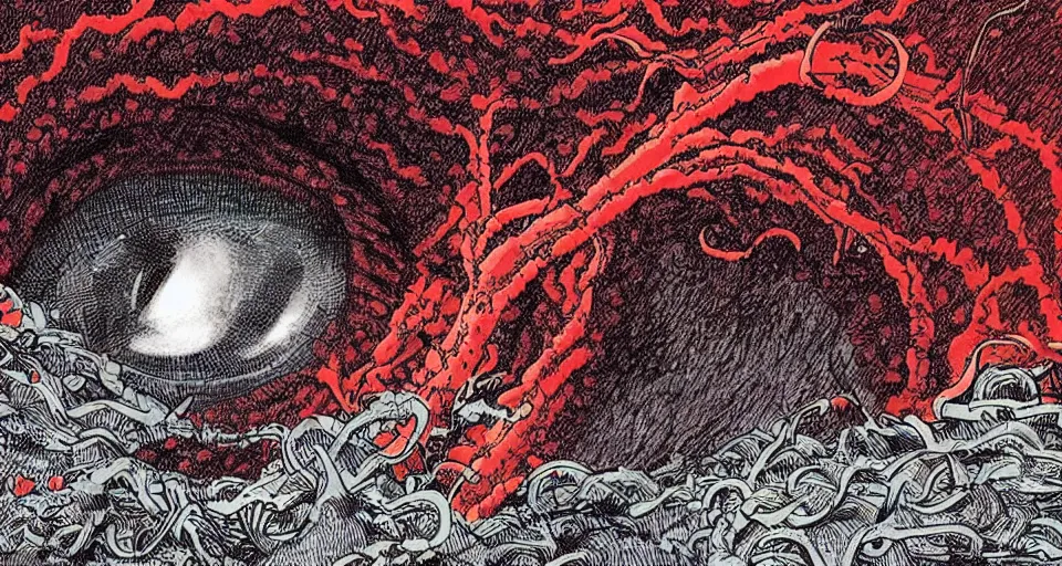 Prompt: a volcano made of ivory vines and crimson rocks enters in eruption, it spits a smoke in the shape of demonic eye, by Eiichiro Oda