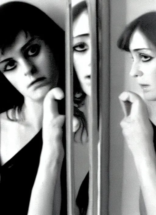 Image similar to a film still from a 1971 an Italian experimental independent comedy film of a slender 18 year old model alluring telenovela actress with bipolar disorder looking at the camera from across multiple alternating mirrors while in a swirling alternate reality. dark shadows under her tired eyes. soft detailed film still at 16K resolution and amazingly epic visuals. epically beautiful image. amazing lighting effect, image looks gorgeously crisp as far as it's visual fidelity goes, absolutely outstanding image. perfect film clarity. ultra image detail. iridescent image lighting. mind-breaking atmosphere. mega-beautiful pencil image shadowing. beautifully serene face. Ultra High Definition image. soft image shading. soft image texture. intensely beautiful image.