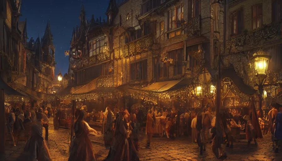 Image similar to medieval city festival near lake at night, beautiful lit lamps, 8 k highly detailed art, intricate, stanley lau, artgerm, artstation, smooth, far shot, wlop, alphonse mucha, cinematic shot, cinematic lighting