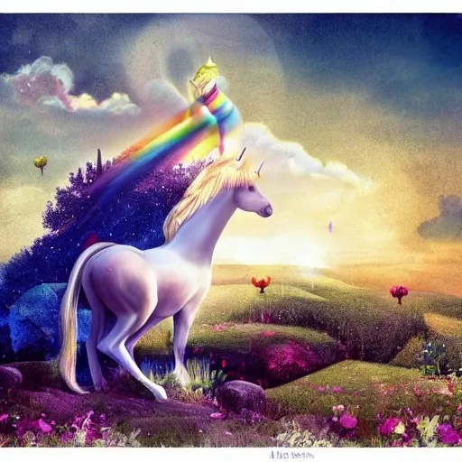 Image similar to dream : a fabulous landscape, a magical unicorn. a boy is sitting astride him. a cat is lying