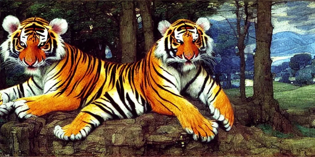 Image similar to 3 d precious moments plush tiger, realistic fur, muted blue, peach, gray, brown, purple color scheme, master painter and art style of john william waterhouse and caspar david friedrich and philipp otto runge