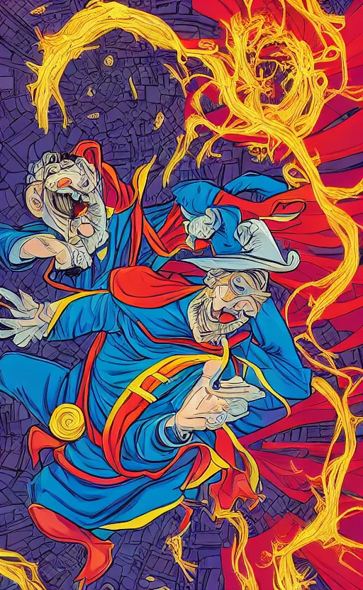 Image similar to the third first image on the scattered absurdity server, dr strange and dr seuss, very pretty, photorealistic, portal hopping and time warping with reckless abandon, by Dan Mumford