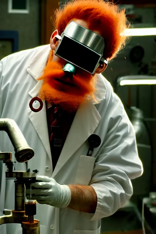 Prompt: an awkwardly tall scientist with 3 eyes and a tangled beard and unruly red hair atop his balding head wearing a labcoat and welding goggles and holding a beaker, high resolution film still, movie by Ivan Reitman