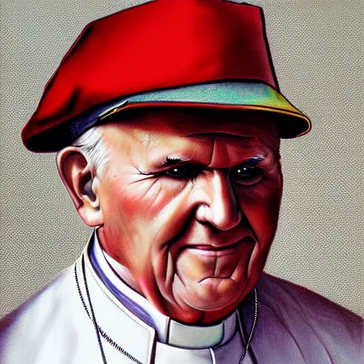 Prompt: colorful portrait of pope john paul ii wearing pope's cap in the style of artgerm