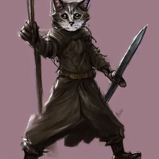 Image similar to humanoid homeless cat wearing rags, wielding a broadsword, concept art, d & d, fantasy, trending on artstation