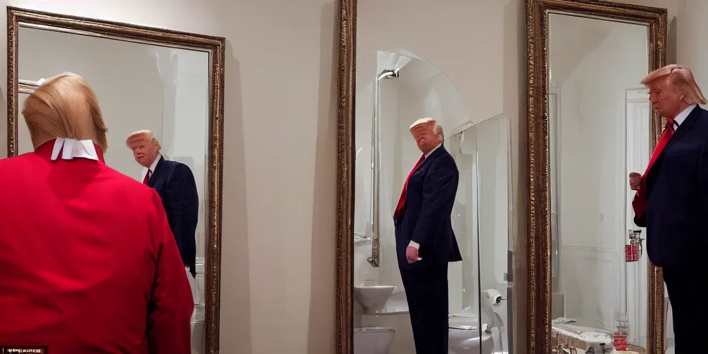 Image similar to ultra wide angle photo of donald trump looking at himself in a bathroom mirror and seeing his reflection dressed as willy wonka and is surrounded by dwarf donald trump like oompa loompas