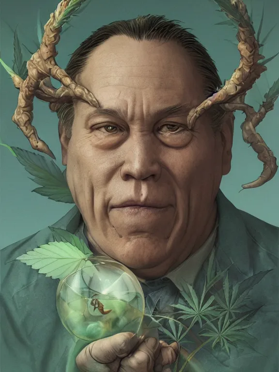 Image similar to a portrait of a cannabis devil premier francois legault illustrated by miyazaki by karol bak, james jean, tom bagshaw, rococo, sharp focus, trending on artstation, cinematic lighting, hyper realism, octane render, 8 k, hyper detailed, vivid, ultra detailed, highly detailed