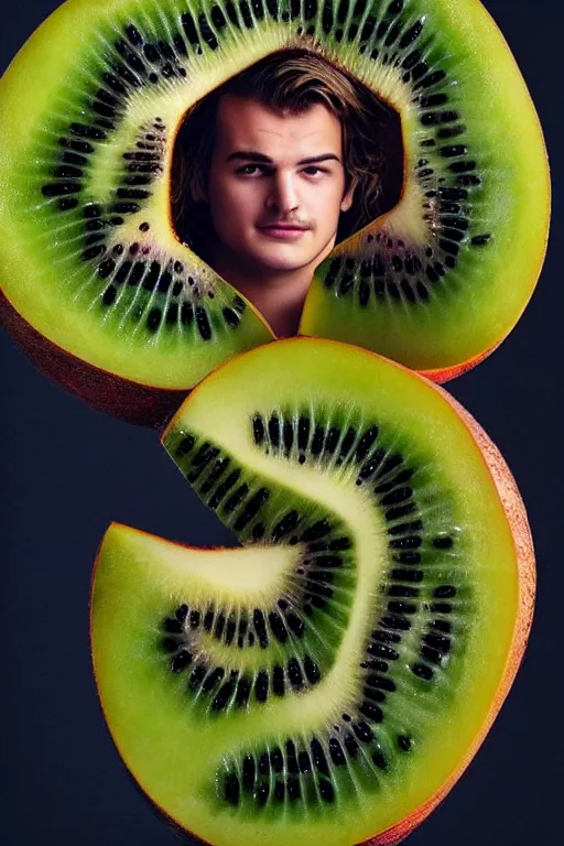 Image similar to 📷 joe keery the kiwi fruit 🥝, made of food, head portrait, dynamic lighting, 4 k