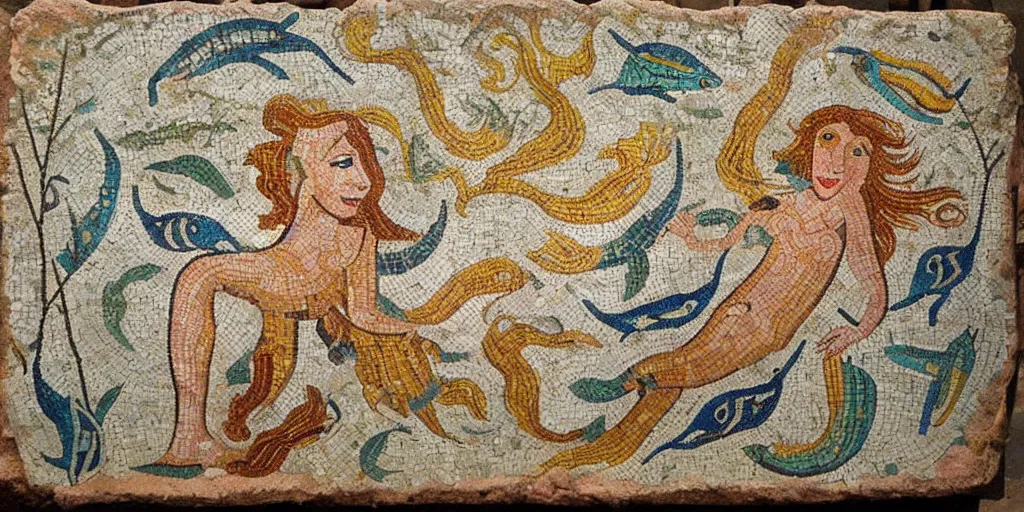 Image similar to ancient roman mosaic of beautiful gingerhead mermaid with long tail, dolphins, fishes, stylised, detailed, dynamic light