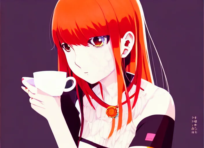 Image similar to anime Kula Diamond drinking coffee, Karolis Strautniekas,omoide emanon, tsuruta kenji, murata range,kawaii, kyoto animation, manga, intricate, detailed, studio lighting, orange red black white, gradation,editorial illustration, matte print, Ilya Kuvshinov