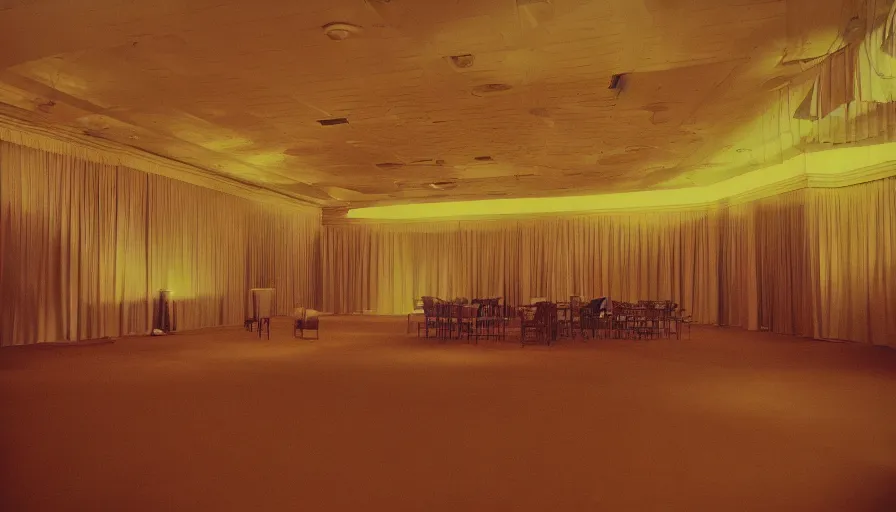 Image similar to 70s movie still of a ballroom with a very high ceiling, cinestill 800t Technicolor, heavy grain, high quality, criterion collection, liminal space style