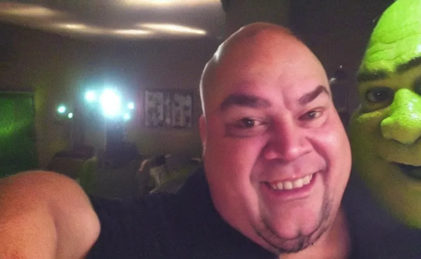 Image similar to my uncle that look like shrek if he was real accidentally taking a selfie, front camera, camera flash is so bright in his face, viral, selfie, viral on twitter, viral on instagram, viral photo