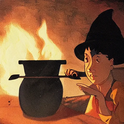 Prompt: a witch adding ingredients to her cauldron, concept art, ambient lighting lit only by the fires glow, studio Ghibli