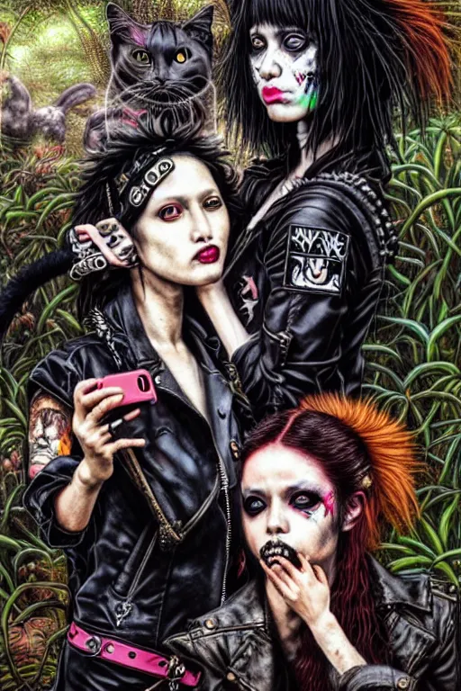 Prompt: punk rock girls kissing and making selfie with black cats in jungle , 1980 style by by Ayami Kojima, mad max jacket, post apocalyptic, Cyberpunk, renaissance, Gothic, mystic, highly detailed, digital painting, 4k, fog, oil painting by Leonardo Da Vinci, hyper realistic style, fantasy by Olga Fedorova