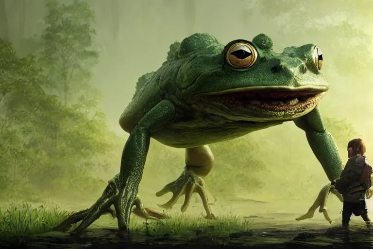 Prompt: giant monster frog, sunny clear swamp, character art by Greg Rutkowski, 4k digital render