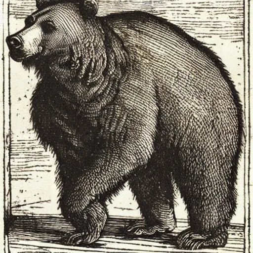 Image similar to brown bear by albrecht durer. woodcut.