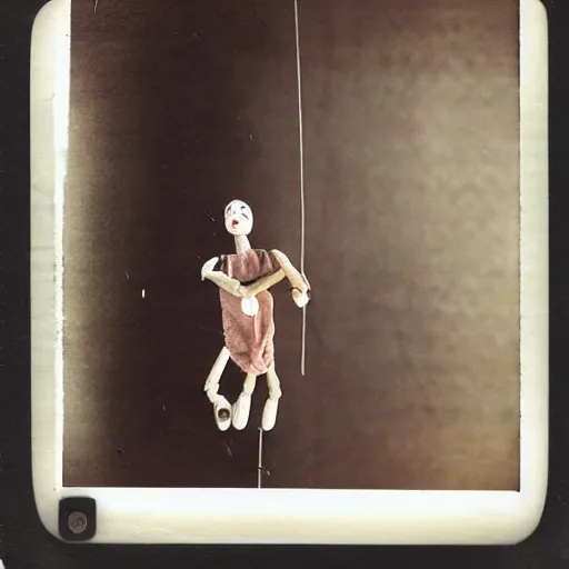 Image similar to female alive, creepy marionette puppet, leaping towards viewer, horrific, unnerving, clockwork horror, pediophobia, lost photograph, dark, forgotten, final photo found before disaster, polaroid,