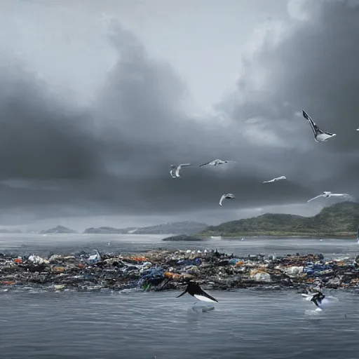 Prompt: on water, enormous huge piles of tyres and garbage floating as islands, seagulls flying in the forecasted sky, dramatic light, rainy weather, wet, detailed, wide shot, 8K mate painting, concept