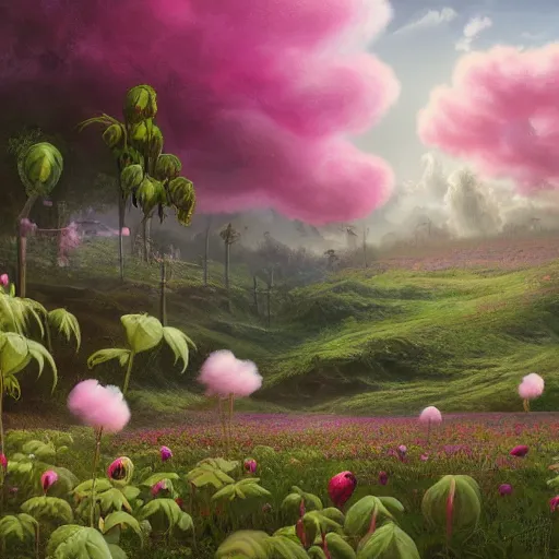 Prompt: a detailed matte painting of a field of cotton candy plants, cgsocidety, fantasy art