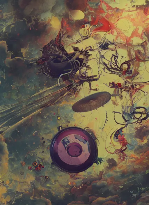 Image similar to surreal gouache painting, by yoshitaka amano, by ruan jia, by Conrad roset, by good smile company, detailed anime 3d render of a magical round flying Vinyl Discos , DJ Mixer, deck surrounded by Dragonfly,flying discos , controller, portrait, cgsociety, artstation, rococo mechanical and Digital and electronic, dieselpunk atmosphere