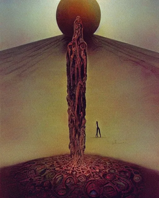 Image similar to a strange big sacred geometry pagan otherworldly monument in the middle of a desert, uncomfortable atmosphere, very expressive, powerful painting, collab by dali, carrington and beksinski